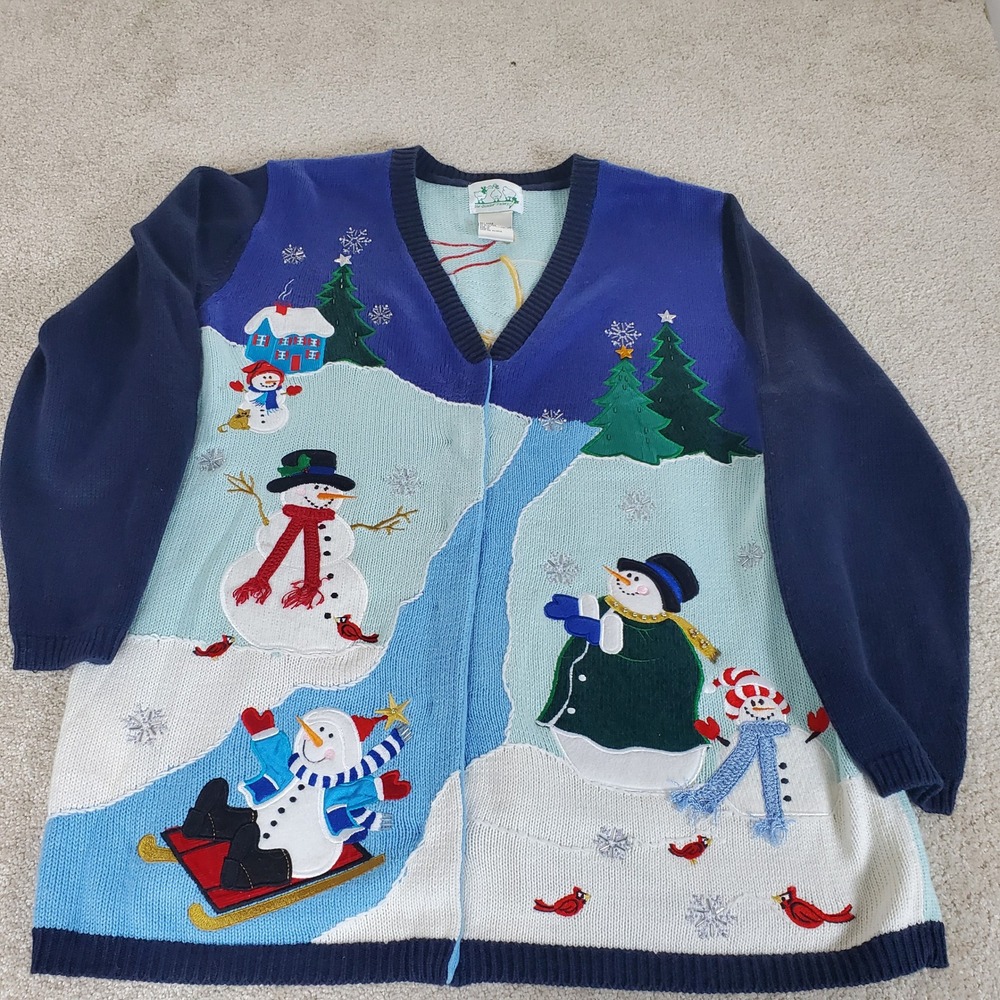 Quacker Factory Cardigan Women's 1X Blue Snowman Winter Holiday SEE CONDITION